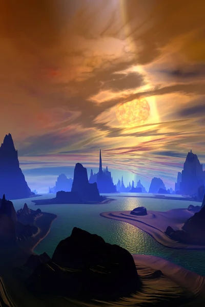 ファンタジー エイリアンの惑星 山と水 イラストレーション — ストック写真