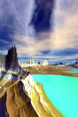 Yabancı gezegen. Dağ ve su. 3D render