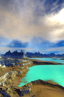 Yabancı gezegen. Dağ ve su. 3D render