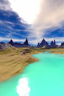 Yabancı gezegen. Dağ ve su. 3D render