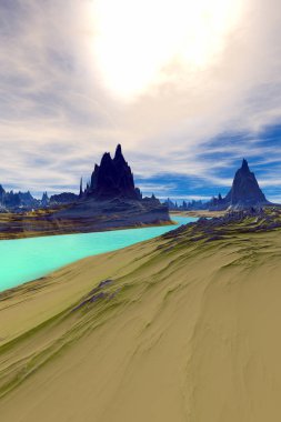 Yabancı gezegen. Dağ ve su. 3D render