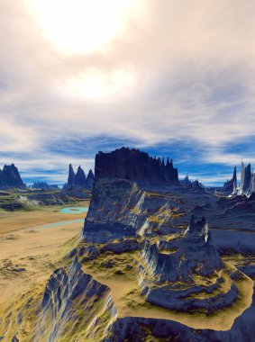 Yabancı gezegen. Dağ ve su. 3D render