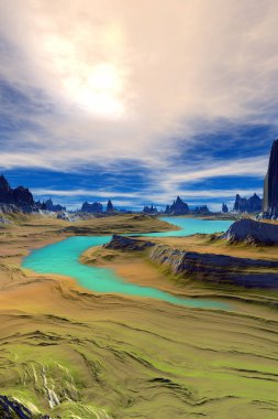 Yabancı gezegen. Dağ ve su. 3D render