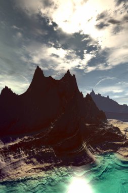 Yabancı gezegen. Dağ ve su. 3D render
