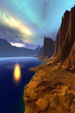 Yabancı gezegen. Dağ ve su. 3D render