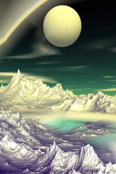 Yabancı gezegen. Dağ ve su. 3D render — Stok fotoğraf