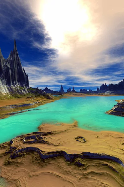 Εξωγήινο πλανήτη. Βουνό και νερό. 3D rendering — Φωτογραφία Αρχείου