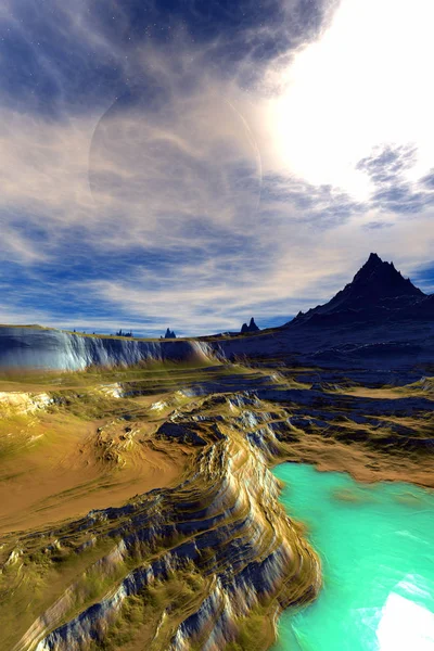 Alien Planet. Mountain and  water. 3D rendering — Stock Photo, Image