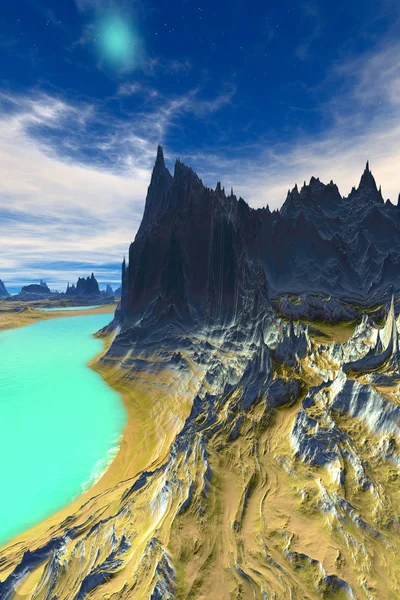 외계인 행성입니다. 산 그리고 물입니다. 3 차원 렌더링 — 스톡 사진