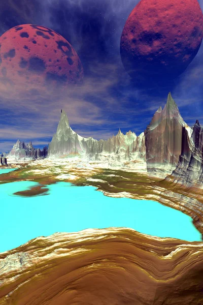 Buitenaardse planeet. Berg en water. 3D-rendering — Stockfoto