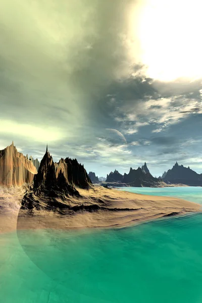 Obcej planety. Góry i woda. renderowania 3D — Zdjęcie stockowe