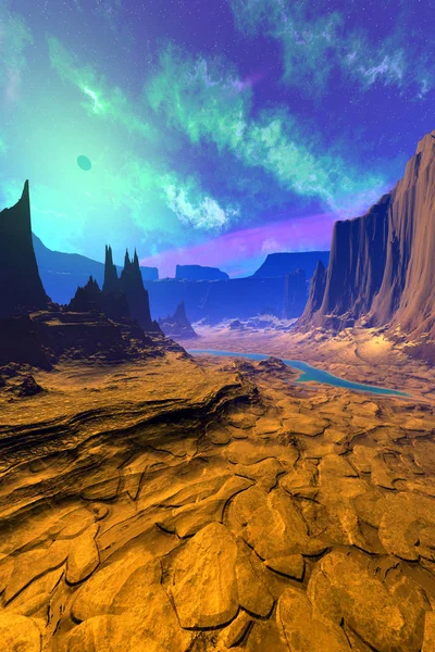Buitenaardse planeet. Berg en water. 3D-rendering — Stockfoto