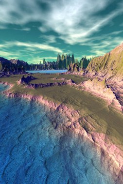 Yabancı gezegen. Dağ ve su. 3D render