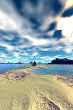 Yabancı gezegen. Dağ ve su. 3D render