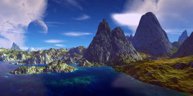 Yabancı gezegen. Dağ ve su. 3D render