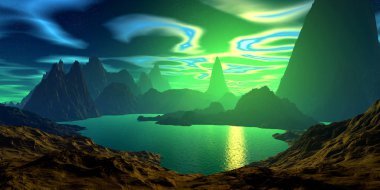 Yabancı gezegen. Dağ ve su. 3D render