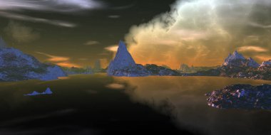 Yabancı gezegen. Dağ ve su. 3D render