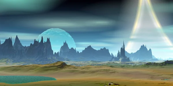 Planeta Extraterrestre. Montaña y agua. Renderizado 3D —  Fotos de Stock