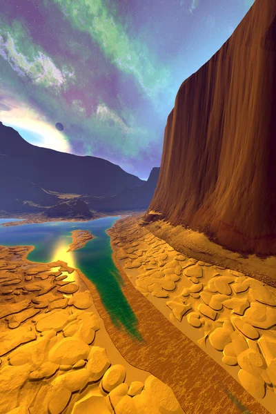 Alien Planet. Montagne et eau. rendu 3D — Photo