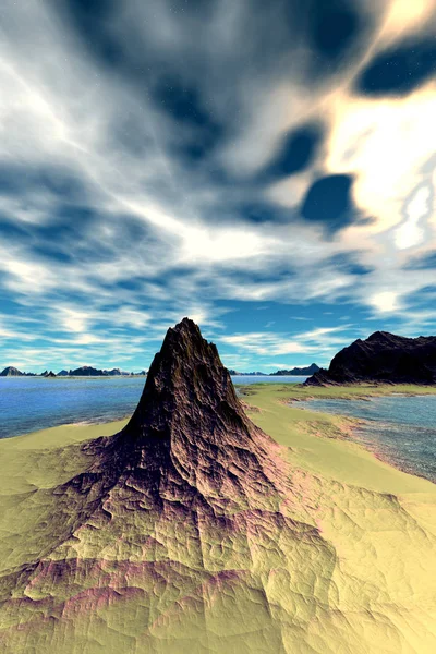 Obcej planety. Góry i woda. renderowania 3D — Zdjęcie stockowe