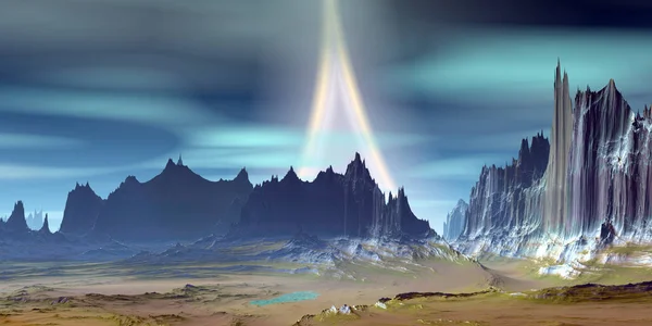 외계인 행성입니다. 산입니다. 3 차원 렌더링 — 스톡 사진
