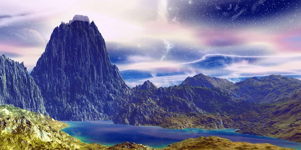 Alien Planet. Mountain and  water. 3D rendering — Stock Photo, Image