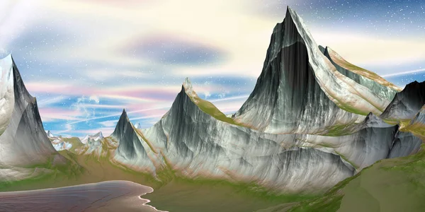 Планета прибульців. Гора і вода. 3D візуалізація — стокове фото