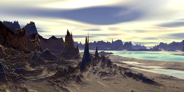Planeta Extraterrestre. Montaña y agua. Renderizado 3D —  Fotos de Stock