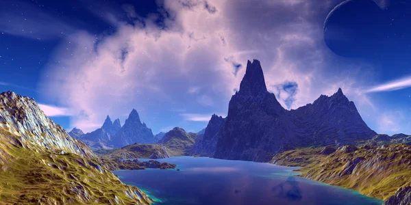 Alien Planet. Mountain and  water. 3D rendering — Stock Photo, Image