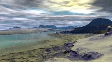 Fantezi uzaylı gezegenine. Dağ ve su. Animasyon. Panorama. 4k