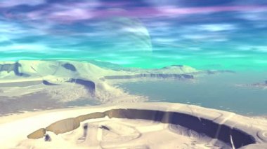 Fantezi uzaylı gezegenine. Dağ ve su. Animasyon. Panorama. 4k