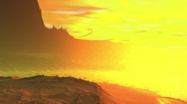 Fantezi uzaylı gezegenine. Dağ ve su. Animasyon. Panorama. 4k