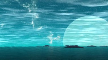 Fantezi uzaylı gezegenine. Dağ ve su. Animasyon. Panorama. 4k