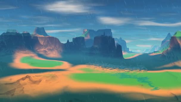Planète extraterrestre fantastique. Montagne et eau. Animation. Panorama. 4K 