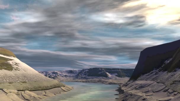 Фантазия Инопланетной Планеты Гора Вода Анимация Панорама — стоковое видео