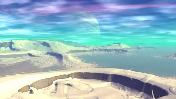 Planète extraterrestre fantastique. Montagne et eau. Animation. Panorama. 4K 