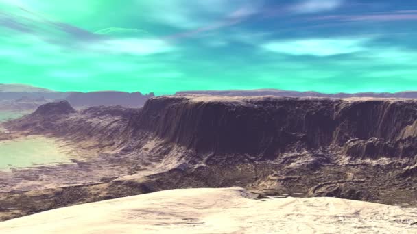 Planète extraterrestre fantastique. Montagne et eau. Animation. Panorama. 4K 