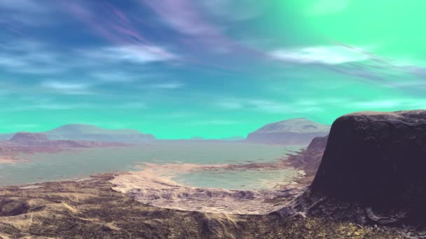 Planète extraterrestre fantastique. Montagne et eau. Animation. Panorama. 4K 