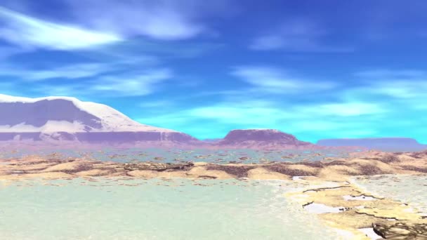 Planète extraterrestre fantastique. Montagne et eau. Animation. Panorama. 4K 
