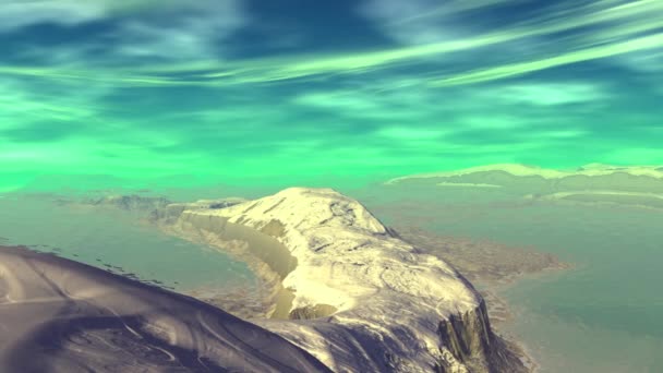 Planète extraterrestre fantastique. Montagne et eau. Animation. Panorama. 4K 