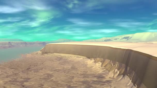Planète extraterrestre fantastique. Montagne et eau. Animation. Panorama. 4K 