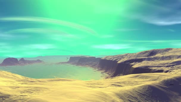 Planète extraterrestre fantastique. Montagne et eau. Animation. Panorama. 4K 
