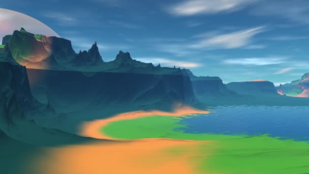 Фантазія Інопланетної Планети Гора Вода Анімація Панорама Кілометровий — стокове відео