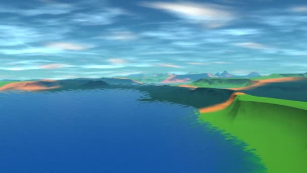 Фантазия Инопланетной Планеты Гора Вода Анимация Панорама — стоковое видео