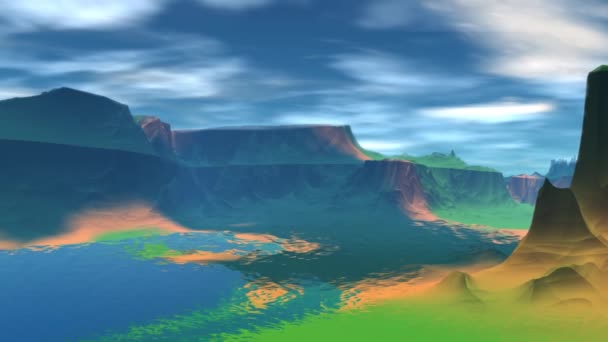 Planète extraterrestre fantastique. Montagne et eau. Animation. Panorama. 4K 