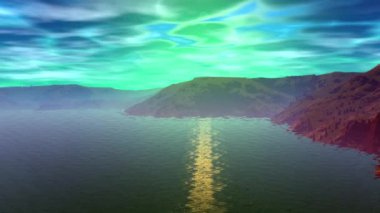 Yabancı gezegen. Dağ ve su. Animasyon. Panorama. 4k