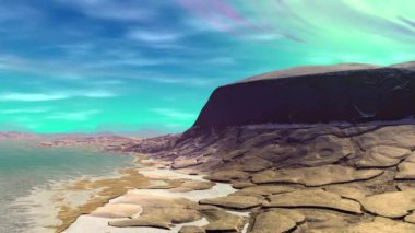 Yabancı gezegen. Dağ ve su. Animasyon. Panorama. 4k