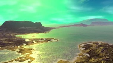 Yabancı gezegen. Dağ ve su. Animasyon. Panorama. 4k