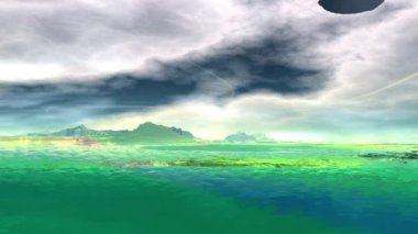 Yabancı gezegen. Dağ ve su. Animasyon. Panorama. 4k