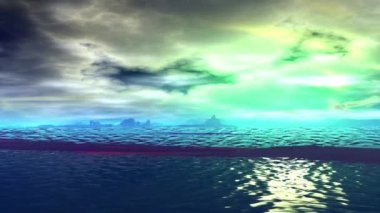 Yabancı gezegen. Dağ ve su. Animasyon. Panorama. 4k